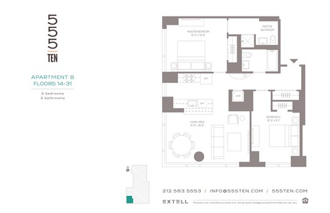 Floor plan for 2 beds, 2 baths, 1039 sqft
